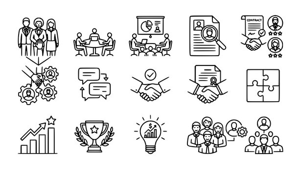 Corporate teamwork and businessman outline icons vector collection