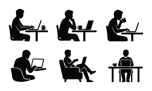 Silhouette Icons: People Working on Laptops, Diverse Poses, Coffee Break, Modern Office & Home Setup