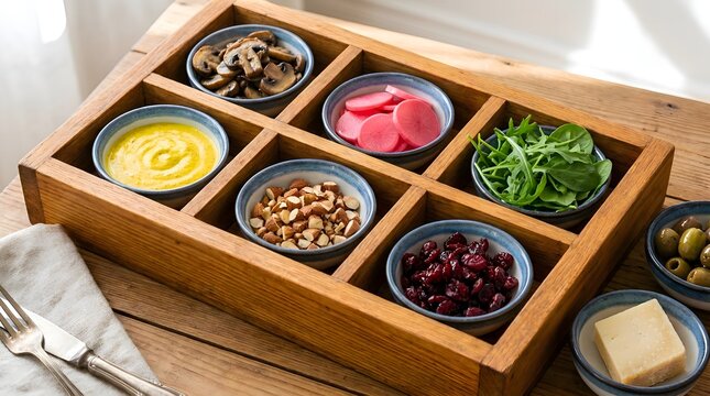 Close up of a wooden divided serving tray with blue bowls containing almonds, dried cranberries, radishes, mushrooms, and arugula on a rustic wooden table with silverware nearby