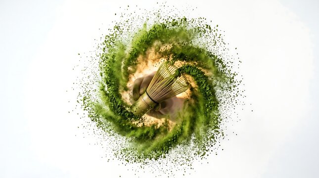 Dynamic swirl of green matcha powder exploding around a traditional bamboo whisk on a white background