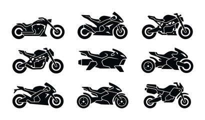 Motorcycle Icons Set: Sport Bikes, Cruisers, and Choppers, Vector Graphics for Transportation and Speed Themes © Abid