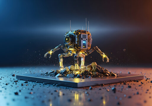 Futuristic nano robot exploring icy alien planet surface with glowing lights and advanced technology in sci-fi environment