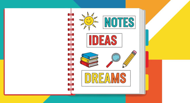 Open Spiral Notebook with Creative Icons and Text Labels