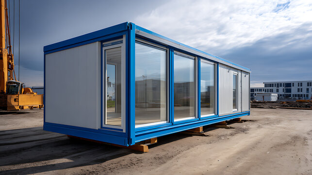 Modern prefabricate modular unit for office or living space, featuring large windows and blue accents, set on a construction site