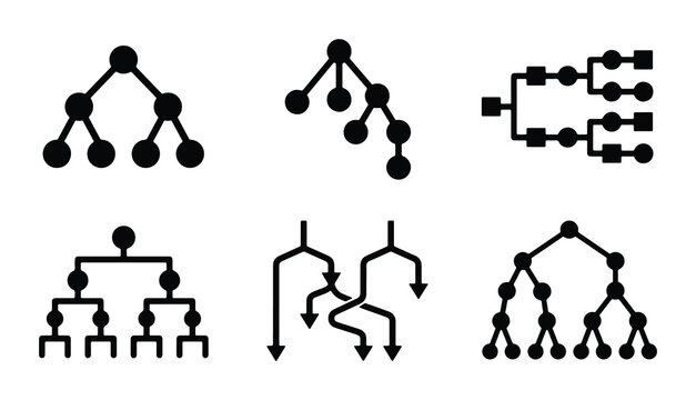 Hierarchical Structure Icons, Data Flow Diagrams, Organization Charts, Tree Diagrams, Network Structures, Decision Trees, 6 Vector Elements