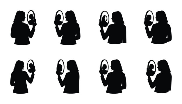Silhouette Woman Mirror Reflection Icons, Self-Awareness Concept, Identity Exploration, Personal Growth Vector Set