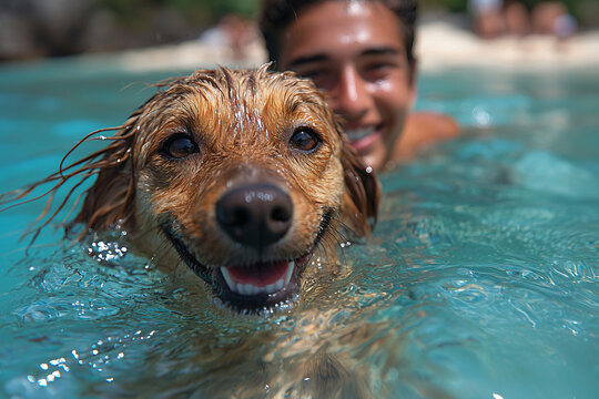 Wet golden dog swimming close to the camera in clear blue water with a smiling person in the background, conveying joy, fun, and a carefree summer atmosphere.