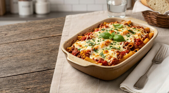Baked ziti pasta with tomato meat sauce and melted cheese in a baking dish. Traditional Italian homemade casserole with fresh basil on a rustic wooden table. Copy space for text
