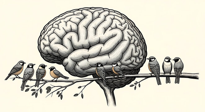 Drawing of human brain sitting on a tree branch with many little birds on it transparent background