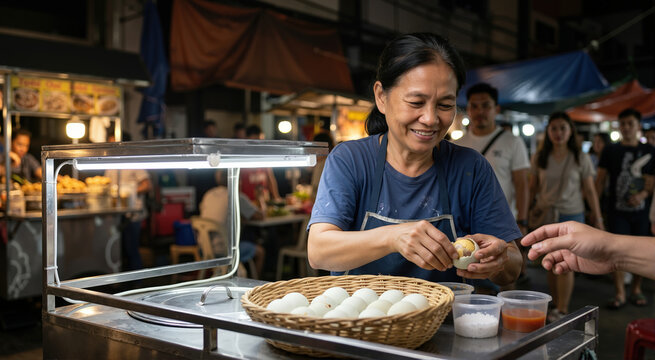 Smiling Asian female street food vendor peeling a balut egg at a night market. Mature woman serving traditional exotic boiled eggs from a cart. Authentic local culinary experience