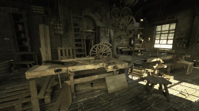 Sepia workshop scene evokes old portrait. Rows of wooden benches, stacked wheels, archival dust, muted contrast, documentary tone, museumlike preservation,