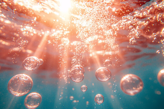 Shimmering air bubbles rise through clear blue water as warm sunlight beams through the surface, creating a glowing, abstract underwater scene filled with motion and light.