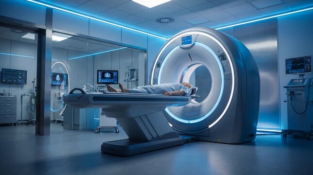 patient lying on table entering ct scanner in modern hospital room with blue lights. medical examination and radiology diagnostic concept. banner, website header.