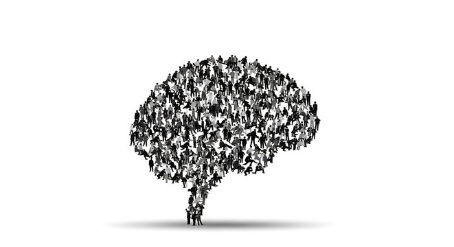 Large group of people forming a brain shape together standing on white ground transparent background