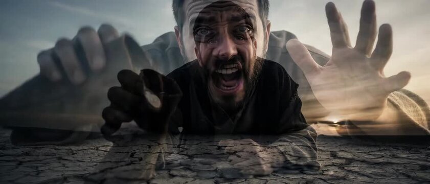 Betrayer Judas Iscariot reaching for silver coins on barren ground. Man experiencing deep spiritual agony and regret. Biblical scene about sin and repentance.