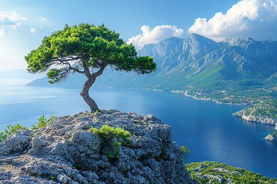 A solitary windswept pine clings to a rocky cliff above a calm blue bay, with distant coastal villages, lush green slopes and towering mountains under a bright sky.