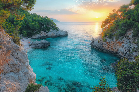 Tranquil turquoise cove framed by rocky cliffs and lush pine trees at sunset, with soft clouds in the sky and gentle waves along a secluded sandy shoreline.