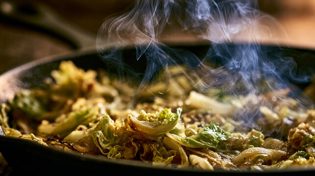 Crispy cabbage dances with steam in a hot skillet on a sunny afternoon