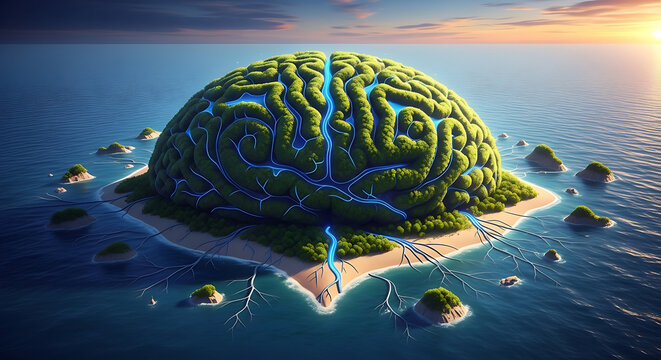 Surreal island shaped like a human brain covered in lush green trees and blue glowing veins in the ocean transparent background