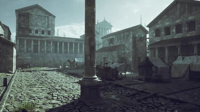 Serene early morning ruins scene. Historic forum bathed in tranquil dawn light. Calm ancient Roman square with deserted tents and solitary column at dawn
