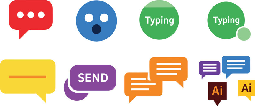 Chat Bubble and Messaging Icon Set with Typing Indicators, Send Button, and Colorful Speech Symbols for Apps, UI, and Social Media Designs