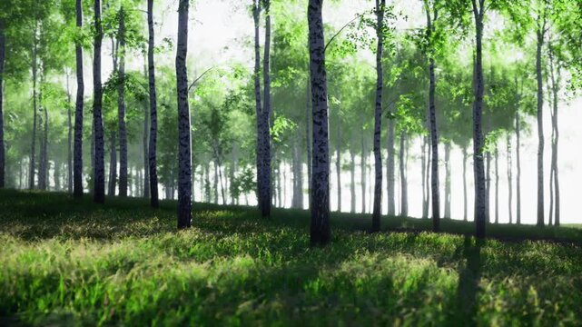 Sunlit birch meadow with golden sunrise glow, long shadows and vivid green grass. Uplifting outdoor scene conveys freshness, energy, and optimism for travel,