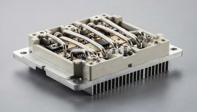 Detailed medium shot of an IGBT module featuring robust construction thick bond wires and integrated heat sink baseplate for highperformance electronic applications.
