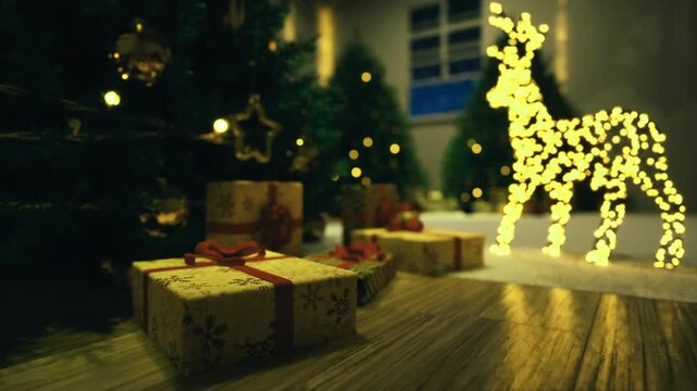 Luminous reindeer near minimal wrapped gifts on clean wood floor, muted palette, soft warm lights, subtle bokeh, Scandinavian hygge influence