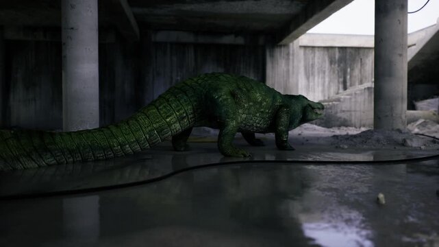 Reflected moss crocodile silhouette in puddle under concrete columns, still water capturing mirror image and rippled motion, moody light and moss texture create