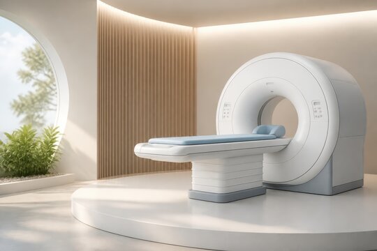Modern MRI scanner in a minimalist medical imaging room with natural light and indoor plants