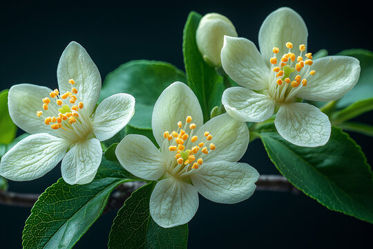 Delicate white blossoms with vibrant yellow stamens bloom along a green leafy branch against a dark background, highlighting texture, freshness, and natural elegance.