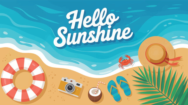 Beach illustration featuring hello sunshine typography with summer vacation accessories like a camera coconut drink and tropical palm leaf
