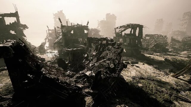 Backlit cinematic ruinscape with long shadows, dramatic glow accentuating rubble and skyline silhouettes, textured mud and metallic wreckage create moody filmic