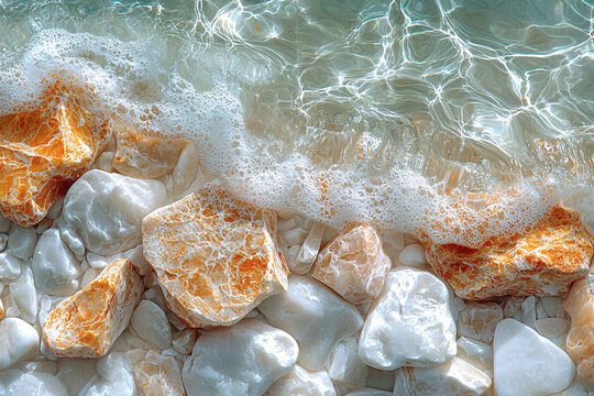 Gentle sea wave washes over smooth white and amber stones, with sunlit ripples dancing across the clear shallow water in a calm, serene coastal setting.