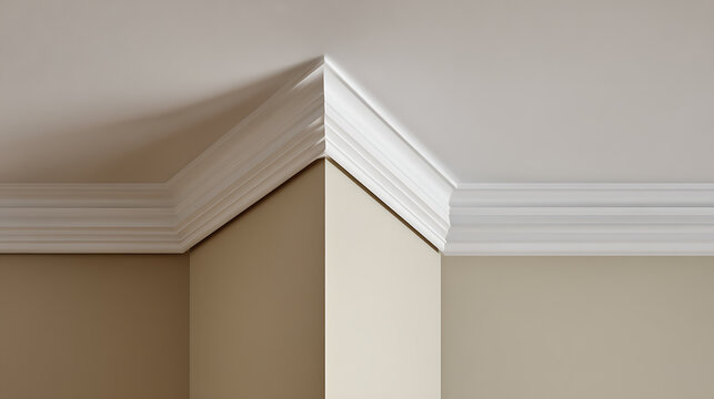 Clean White Decorative Crown Molding Detail in a Contemporary Interior Corner, Smooth Finish on Beige Walls and Ceiling Architecture