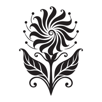 Decorative symmetrical flower design with swirling leaves and geometric patterns in stencil style