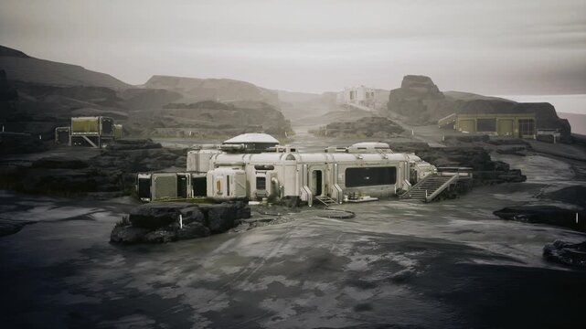 Remote research outpost on plateau, modular habitat units, satellite dish, maintenance drones, overcast sky, volcanic rock, muted color grading, scientific