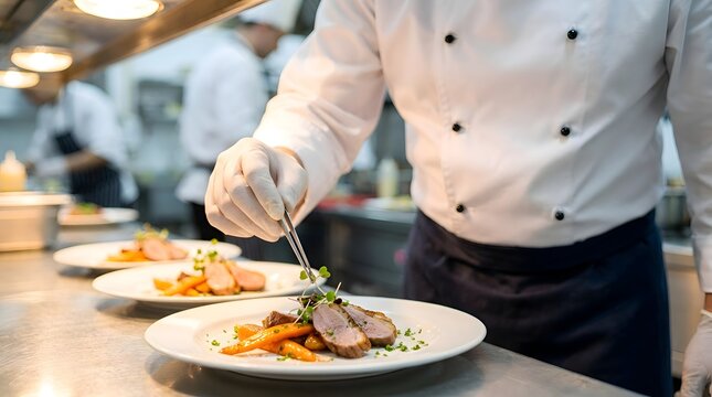 Professional chef in a commercial kitchen using precision tweezers to plate multiple gourmet meat and vegetable dishes on white plates, ensuring consistent high-end restaurant presentation