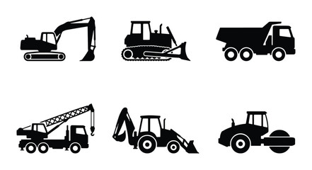 Set of 6 construction vehicle icons vector illustration, including excavator, bulldozer, dump truck, crane, loader, and roller © Shariful