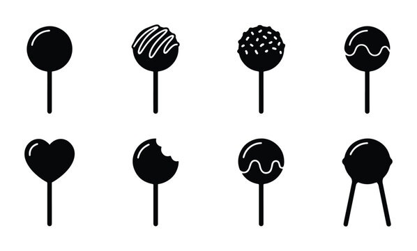 Set of 8 black cake pop icons vector illustration, simple shapes for confectionery and dessert design
