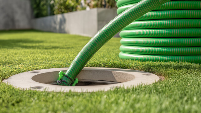 Green vacuum hose connected to underground septic tank for residential wastewater pumping and maintenance service.