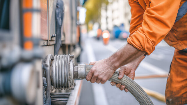 Close up of municipal worker attaching industrial hose to utility truck during street maintenance operation.