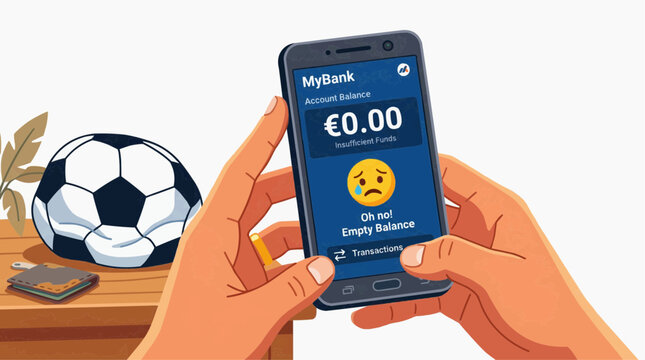 Person checking empty bank account on smartphone with soccer ball and wallet nearby