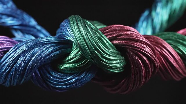 Multicolored metallic yarns twisted together on a black background