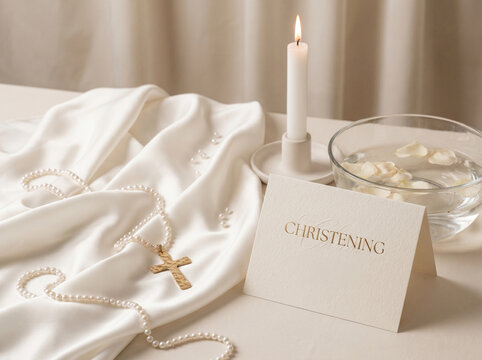 Elegant christening still life with white satin fabric, pearl rosary, golden cross, candle, glass bowl of water, invitation card and soft neutral light, luxury baptism background for religious ceremon