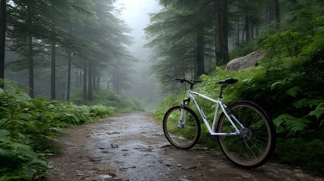 A narrow wet path winds through a dense foggy forest landscape