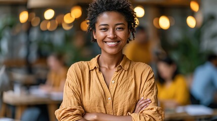 Fototapeta premium Young Black Businesswoman Standing in Open-Plan Office with Arms Crossed – Diverse Corporate Stock Photo