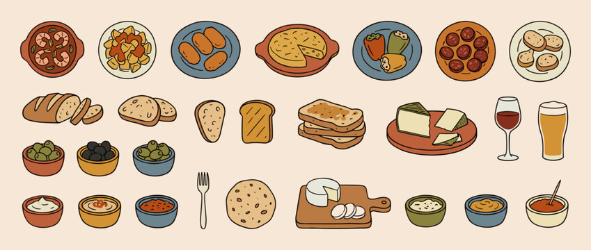 Collection of Spanish Tapas and Drinks in a Flat Illustration Style