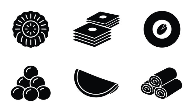 Set of 6 traditional food icons vector, including baklava, Turkish delight, and watermelon slice