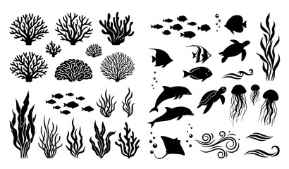 Underwater marine silhouette collection vector ocean life design © MdSakib